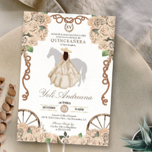 Invitation Champagne Crème Rose blanche Charro Quinceanera