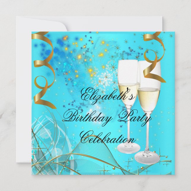 Invitation Champagne d'anniversaire turquoise Blue Gold (Devant)