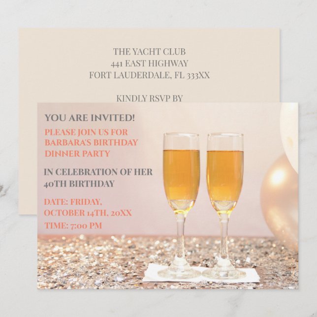 Invitation Champagne de 40e anniversaire en coquille d'or (Devant / Derrière)