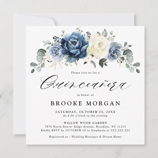 Invitation Champagne de la Marine Bleue Dusty Ivory boho Quin (Devant)