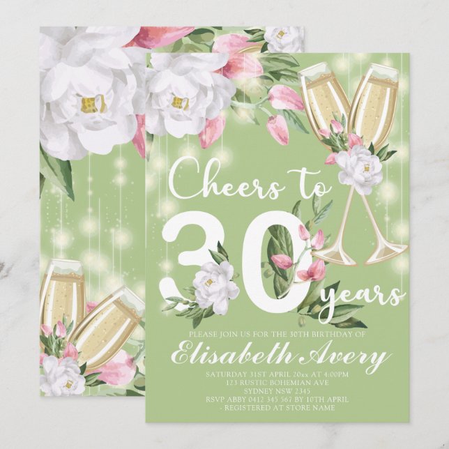 Invitation Champagne de luxe Floral 30e fête d'anniversaire (Devant / Derrière)