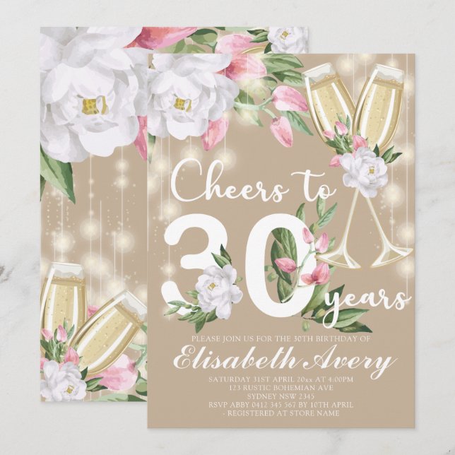 Invitation Champagne de luxe Floral 30e fête d'anniversaire (Devant / Derrière)