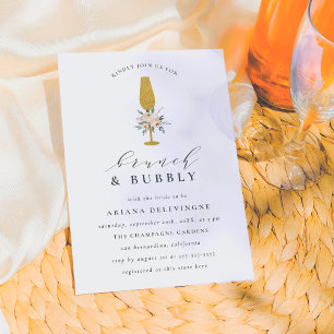 Invitation Champagne d'or & Bouquet Floral Brunch & Bubbly