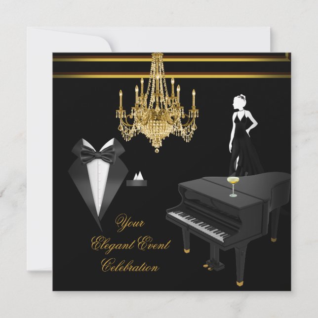 Invitation Champagne d'or pour chandelier de piano élégant (Devant)
