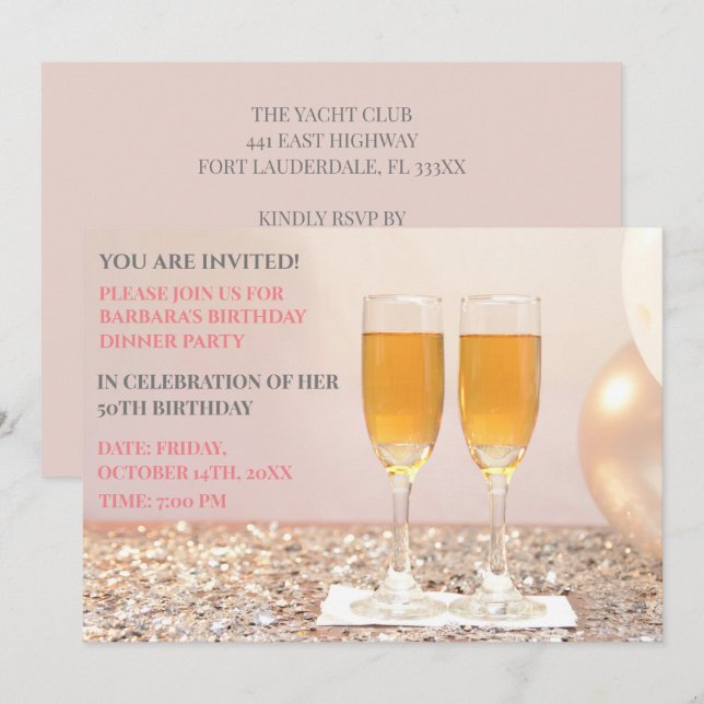 Invitation Champagne d'or rose pâle 50e anniversaire (Devant / Derrière)