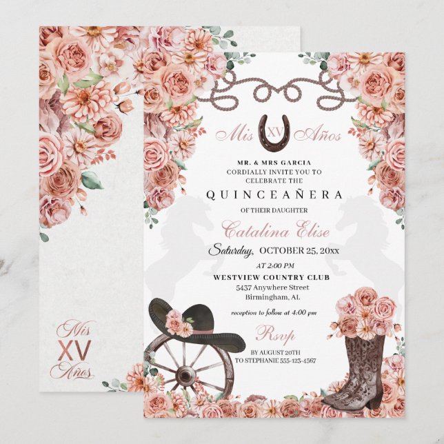 Invitation Champagne d'or rose Western Charra Quinceanera (Devant / Derrière)