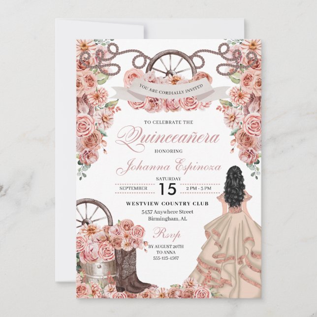 Invitation Champagne d'or rose Western Ranchero Quinceanera (Devant)