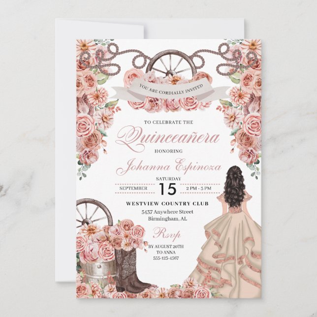 Invitation Champagne d'or rose Western Ranchero Quinceanera (Devant)