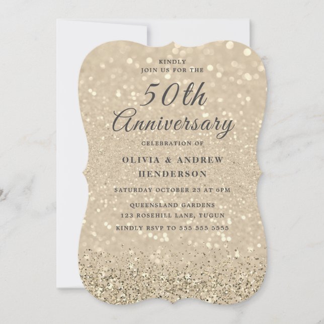 Invitation Champagne d'or Shimmer 50e anniversaire de Mariage (Devant)