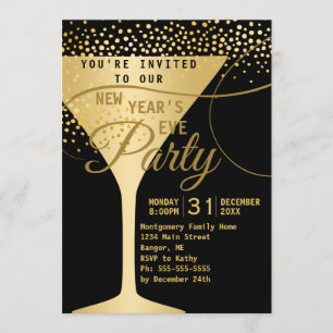 Invitation Champagne Doré Étincelles Soirée du Nouvel An Noir