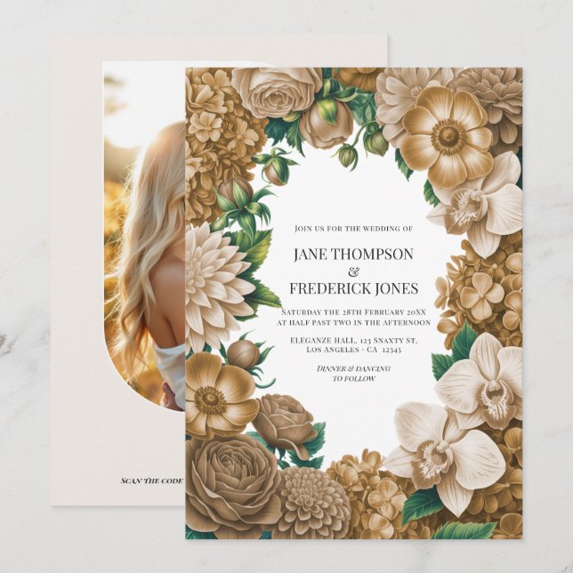 Invitation Champagne Dust, Golden Wheat & Mocha Linen Wedding (Devant / Derrière)