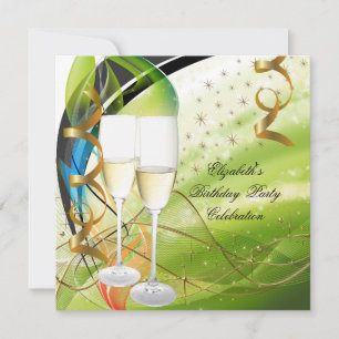 Invitation Champagne élégant vert bleu or fête d'anniversaire