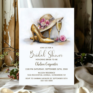 Invitation Champagne et chaussures à talons hauts en or éléga