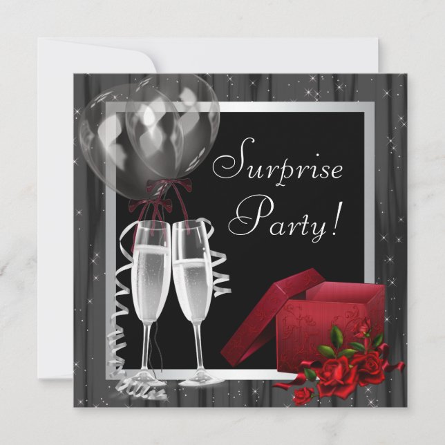 Invitation Champagne Étincelle Black White Surprise Party (Devant)