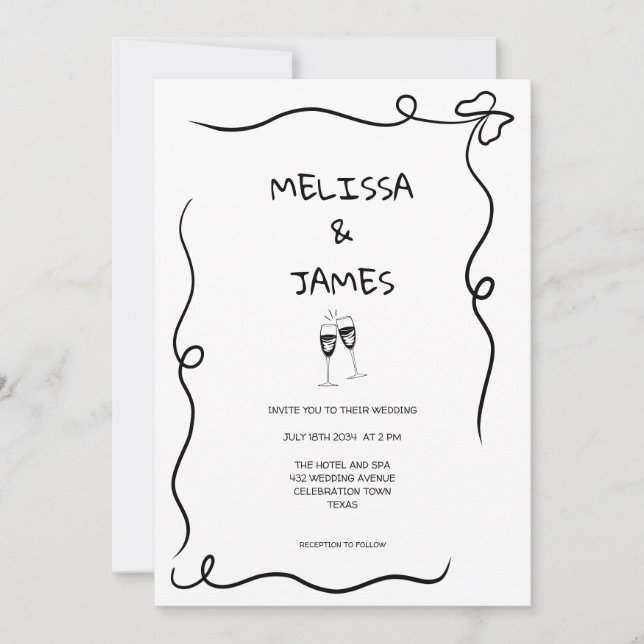 Invitation Champagne Fantaisiste Mariage Dessiné à la Main (Devant)