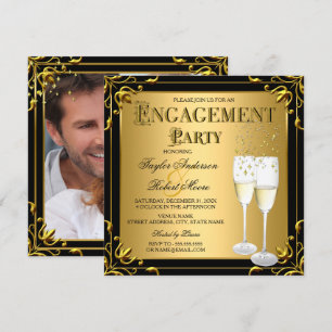 Invitation Champagne Faux Gold Black Engagement Photo