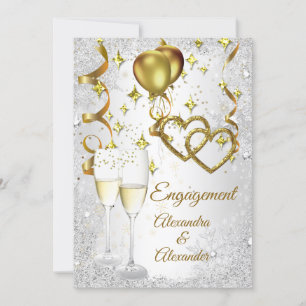 Invitation Champagne fiançailles coeur or argent