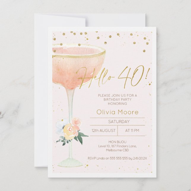 Invitation Champagne Glass Gold calligraphie 40e anniversaire (Devant)