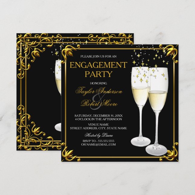Invitation Champagne Glass Gold Engagement Party (Devant / Derrière)