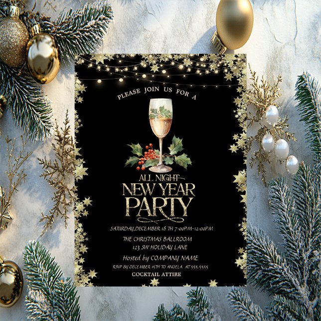 Invitation Champagne Glass Holly Berry Cocktail Stars Holiday (Créateur téléchargé)