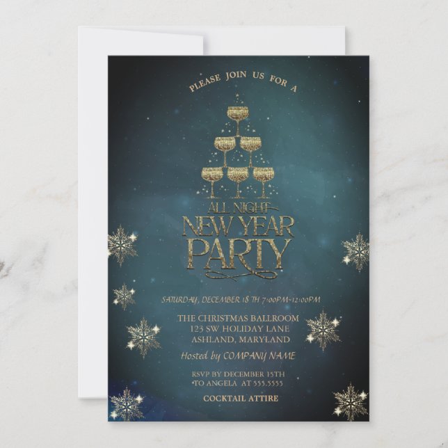 Invitation Champagne Glass Snowflakes Vintage Compagnie (Devant)