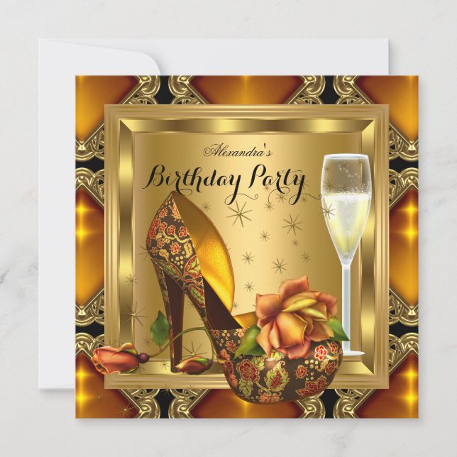 Invitation Champagne Gold Amber talons Élégante fête d'annive (Devant)