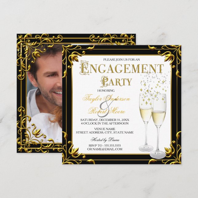 Invitation Champagne Gold Black White Engagement Photo (Devant / Derrière)