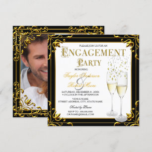 Invitation Champagne Gold Black White Engagement Photo