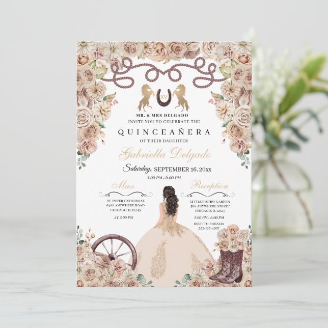 Invitation Champagne Gold Charro Princesse Quinceanera (Debout devant)