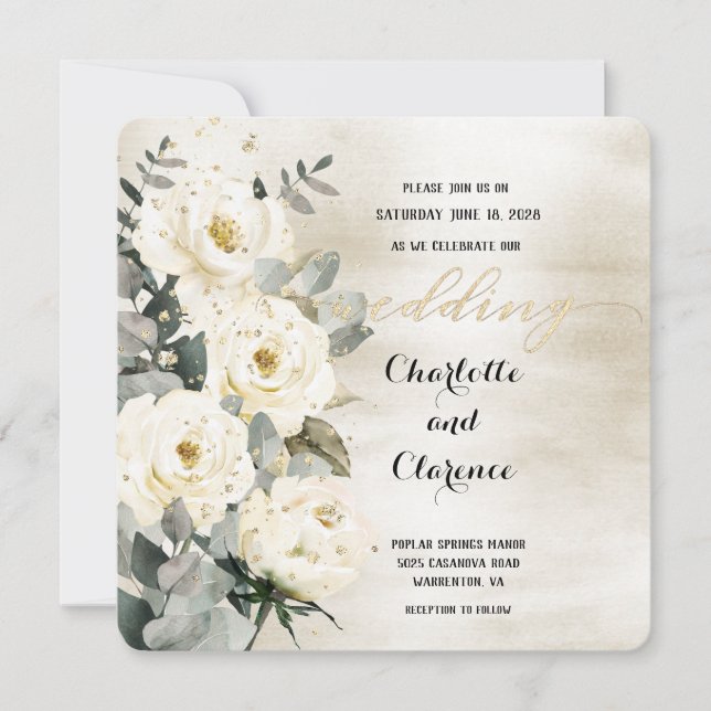 Invitation Champagne Gold Desdia Rose Eucalyptus Mariage (Devant)