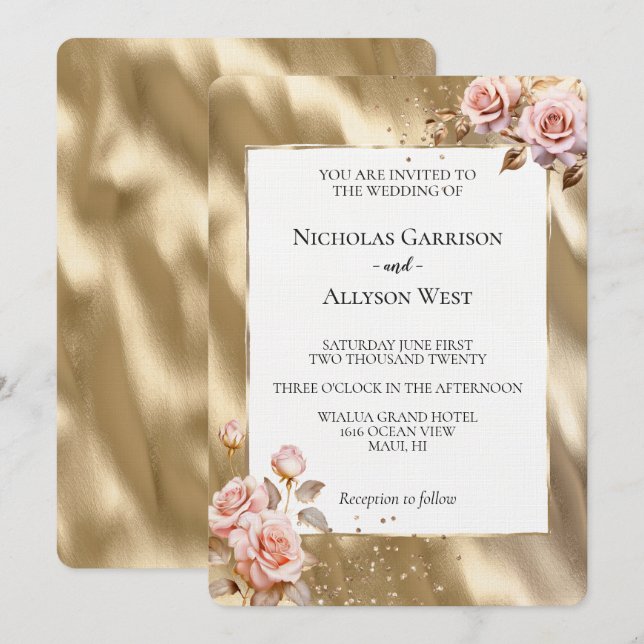 Invitation Champagne Gold Glam Rose Roses Mariage (Devant / Derrière)
