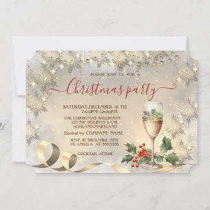 Invitation Champagne Holly Berry Gold Snowflakes Company