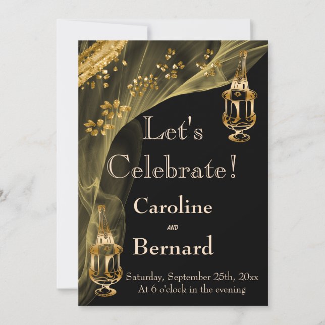Invitation Champagne Noir & Or Volet d'engagement du saut à g (Devant)