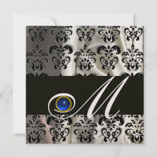 INVITATION CHAMPAGNE NOIRE SOIE DAMASK MONOGRAM SAPHIRE BLEU