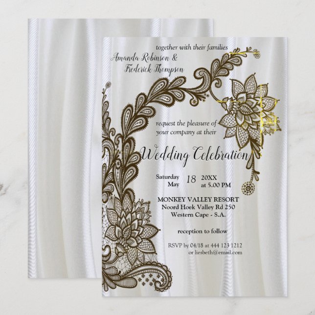 Invitation Champagne Ou Argent Soie Et Dentelle No (Devant / Derrière)