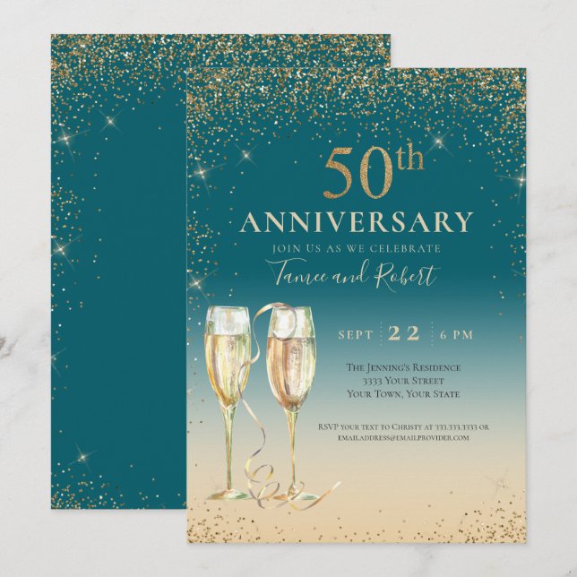 Invitation Champagne Pailleté Or Sarcelle 50e Anniversaire (Devant / Derrière)