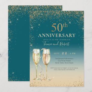 Invitation Champagne Pailleté Or Sarcelle 50e Anniversaire
