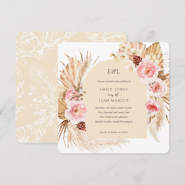 Invitation Champagne Pampas Grass Boho Floral Carré (Devant / Derrière)