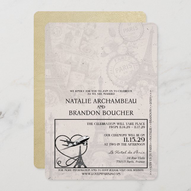 Invitation Champagne Paris Passport Mariage (Devant / Derrière)