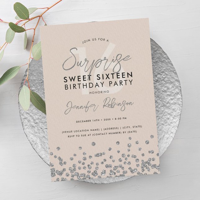 Invitation Champagne Parties scintillant Argent Surprise Swee (Champagne Silver Glitter Surprise Sweet 16 Invitation)