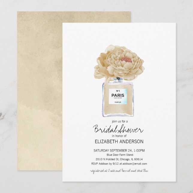 Invitation Champagne Peonies et parfum Fête des mariées flora (Devant / Derrière)
