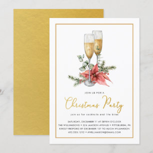 Invitation Champagne Poinsettia Verdure Gold Christmas Party