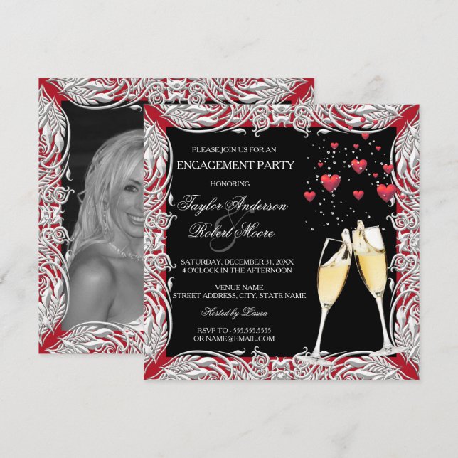 Invitation Champagne Red Heart Engagement Party (Devant / Derrière)