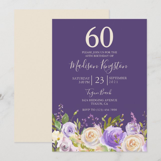 Invitation Champagne Rose blanche violet 60e anniversaire (Devant / Derrière)