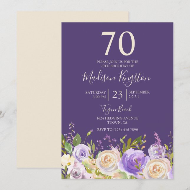 Invitation Champagne Rose blanche violet 70e anniversaire (Devant / Derrière)