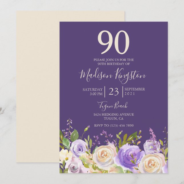 Invitation Champagne Rose blanche violet 90e anniversaire (Devant / Derrière)