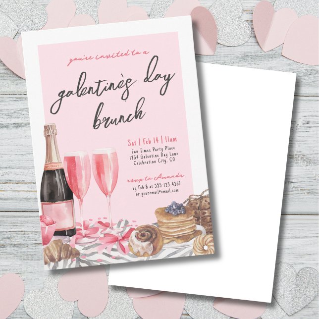 Invitation Champagne rose Brunch Fête de la Saint-Galentin (Pink Champagne Brunch Galentine's Day Invitation)