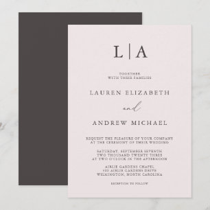 Invitation Champagne Rose et Brown Mariage Monogramme