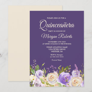 Invitation Champagne Rose Fleurs violettes Quinceanera