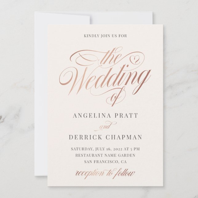 Invitation Champagne Rose Gold Ivory Calligraphie Mariage Inv (Devant)